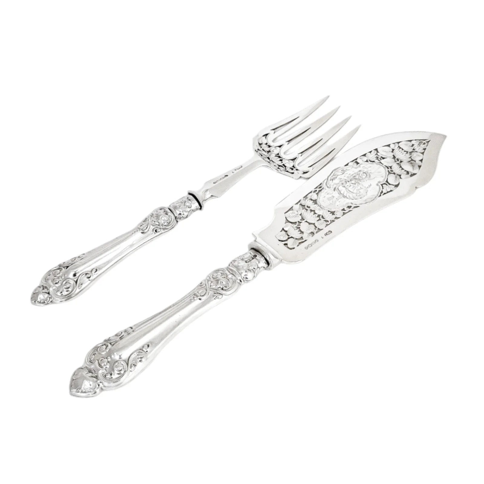 Cased Victorian sterling silver fish serving set with putto, lilies and dolphins, 1858