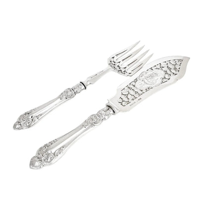 Cased Victorian sterling silver fish serving set with putto, lilies and dolphins, 1858