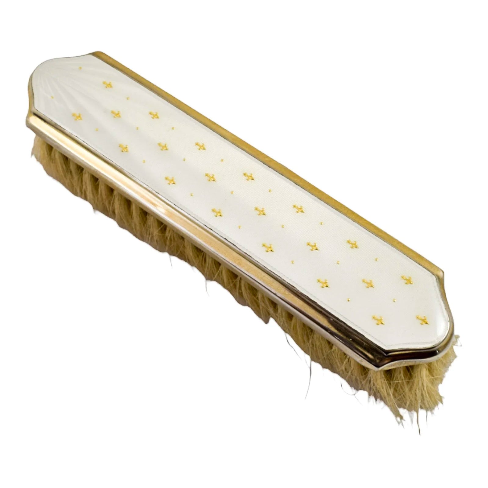 Garrard & Co gilded silver white guilloché enamel clothes brush with gold fleur-de-lis