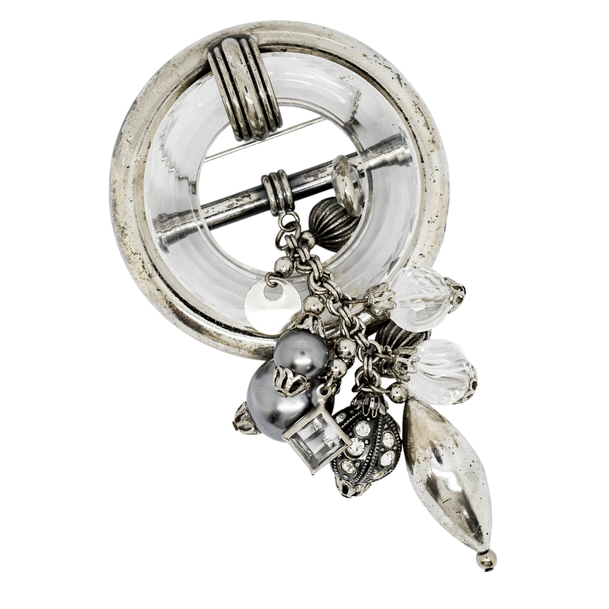 Vintage Ermani Bulatti silver tone large round dangling statement brooch