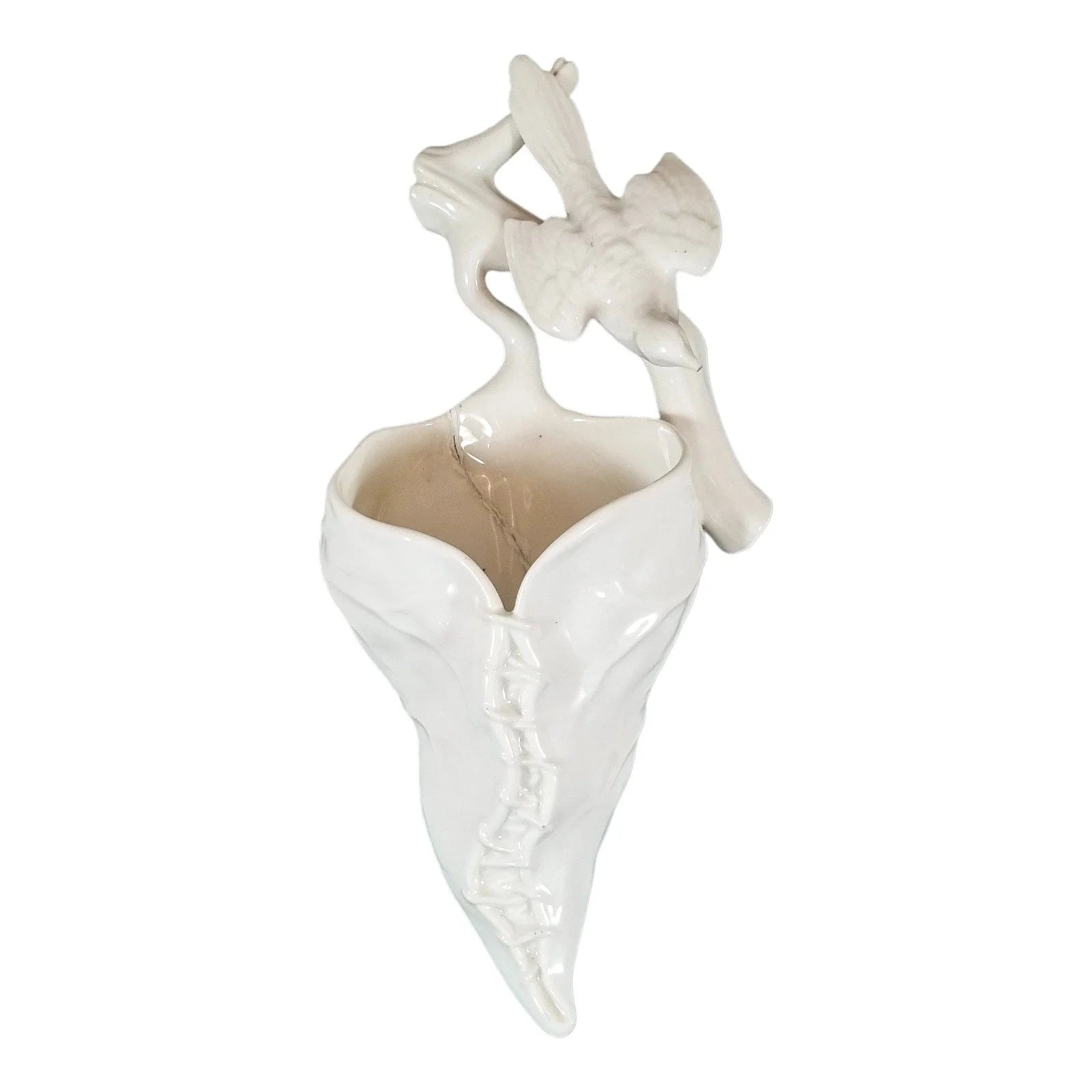 Victorian Royal Worcester "Blanc de Chine" wall pocket in the shape of a leaf with a bird on top