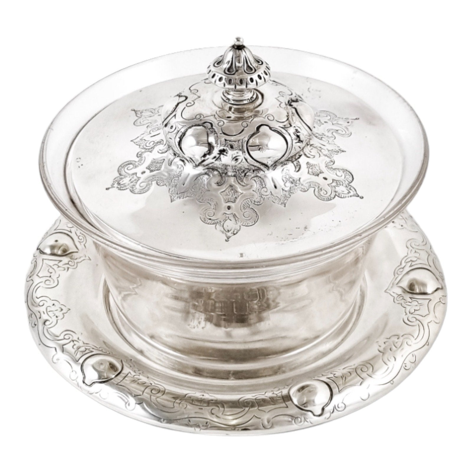 Early Victorian sterling silver large butter dish, Islamic design, coat of arms