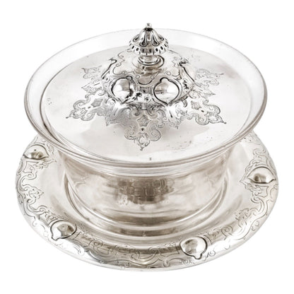 Early Victorian sterling silver large butter dish, Islamic design, coat of arms