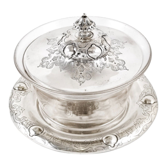 Early Victorian sterling silver large butter dish, Islamic design, coat of arms