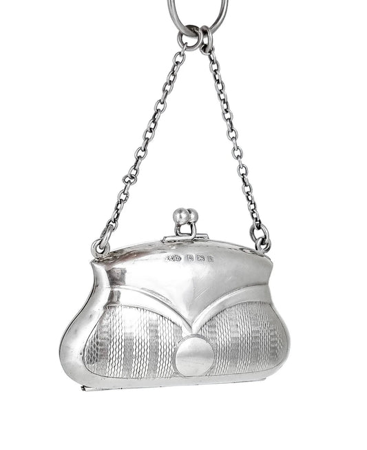 George V sterling silver coin purse evening bag finger ring chain, vacant cartouche
