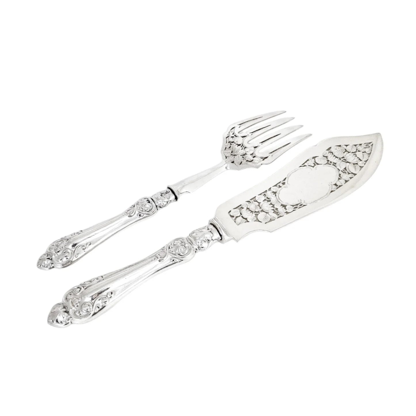 Cased Victorian sterling silver fish serving set with putto, lilies and dolphins, 1858