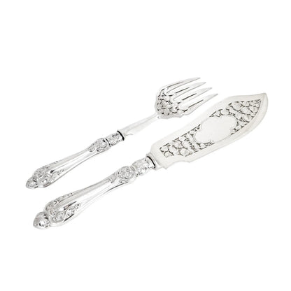 Cased Victorian sterling silver fish serving set with putto, lilies and dolphins, 1858