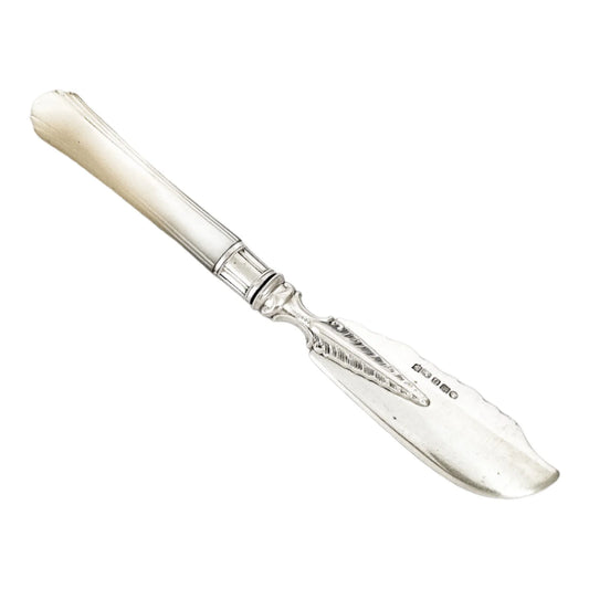 Victorian sterling silver master butter knife with mother-of-pearl handle