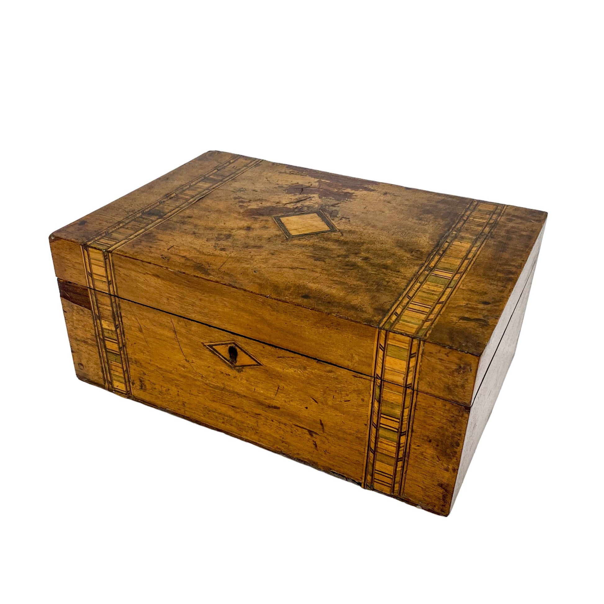 Victorian Tunbridge Ware workbox with lift out lid; inlaid with two vertical geometric bands