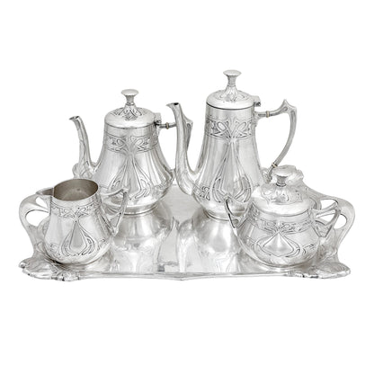 Silver plated WMF Art Nouveau Jugendstil five-piece tea and coffee set on tray