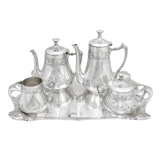 Silver plated WMF Art Nouveau Jugendstil five-piece tea and coffee set on tray