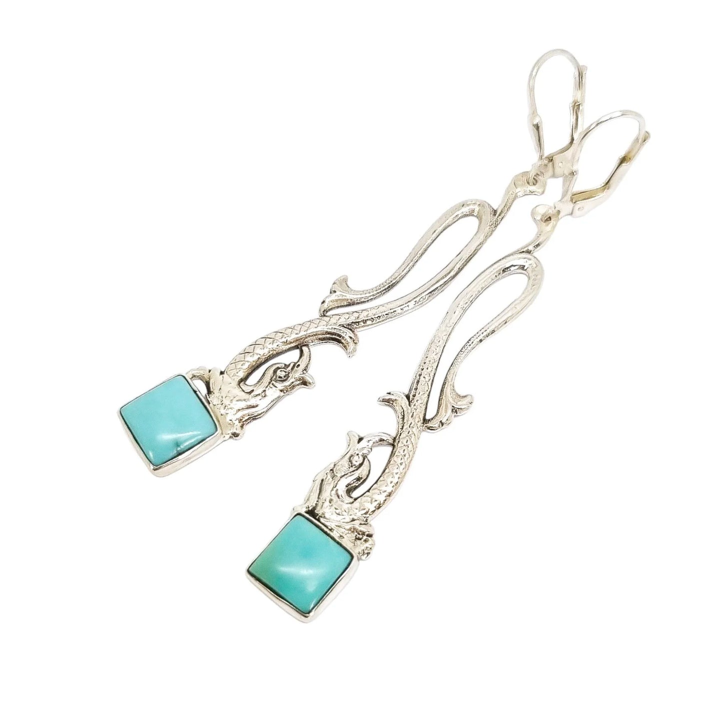 Sterling silver sea serpent dolphin dangle earrings with turquoise