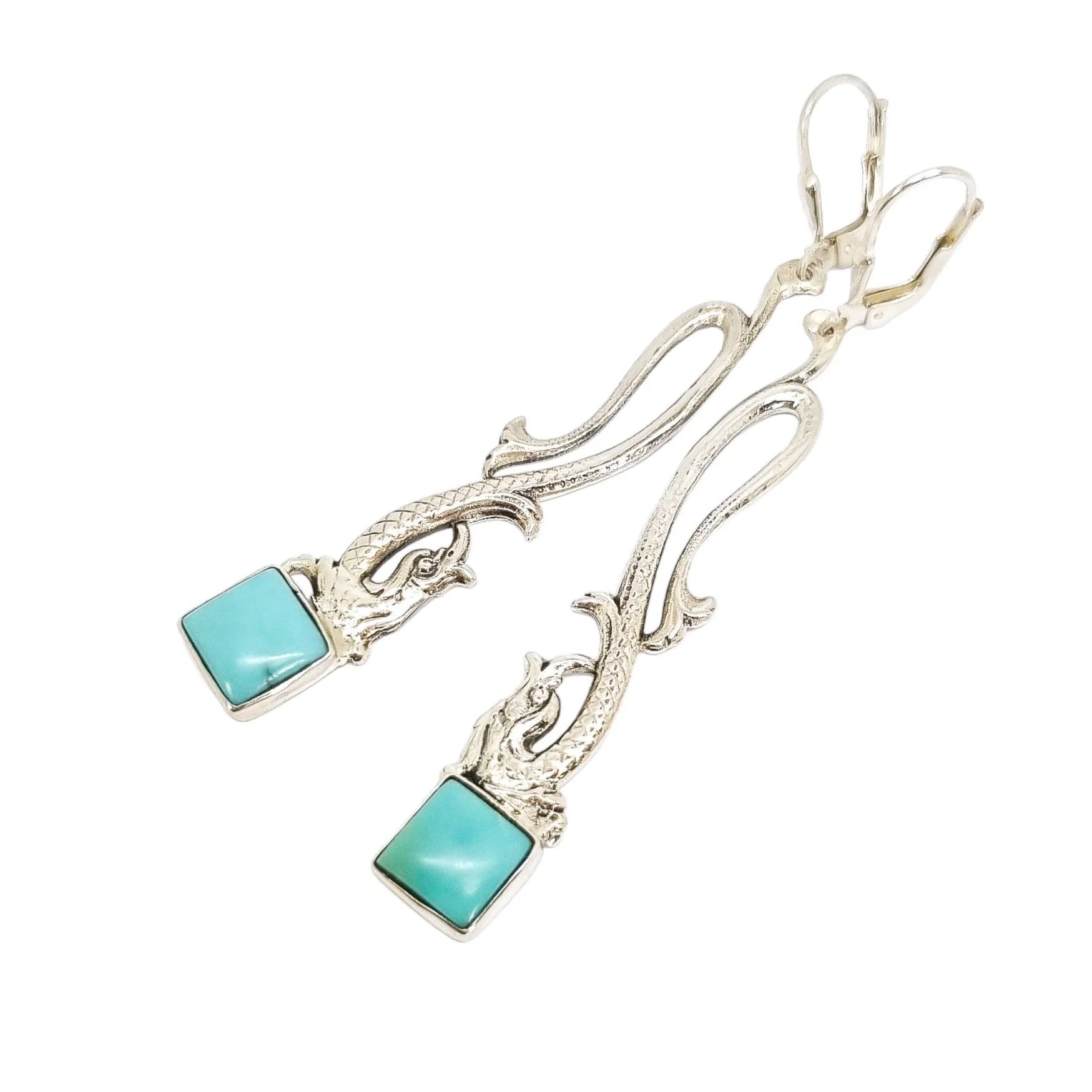 Sterling silver sea serpent dolphin dangle earrings with turquoise