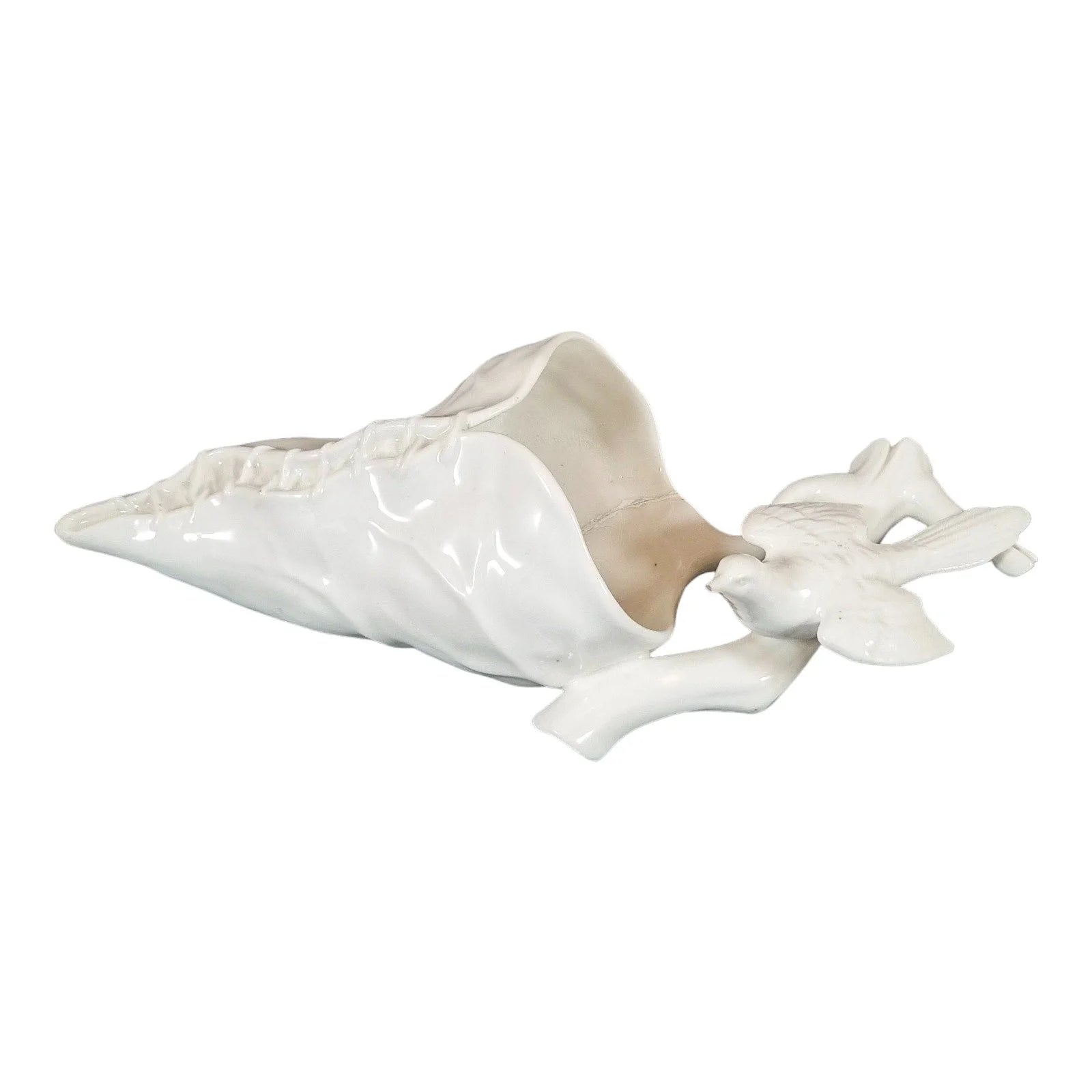 Victorian Royal Worcester "Blanc de Chine" wall pocket in the shape of a leaf with a bird on top