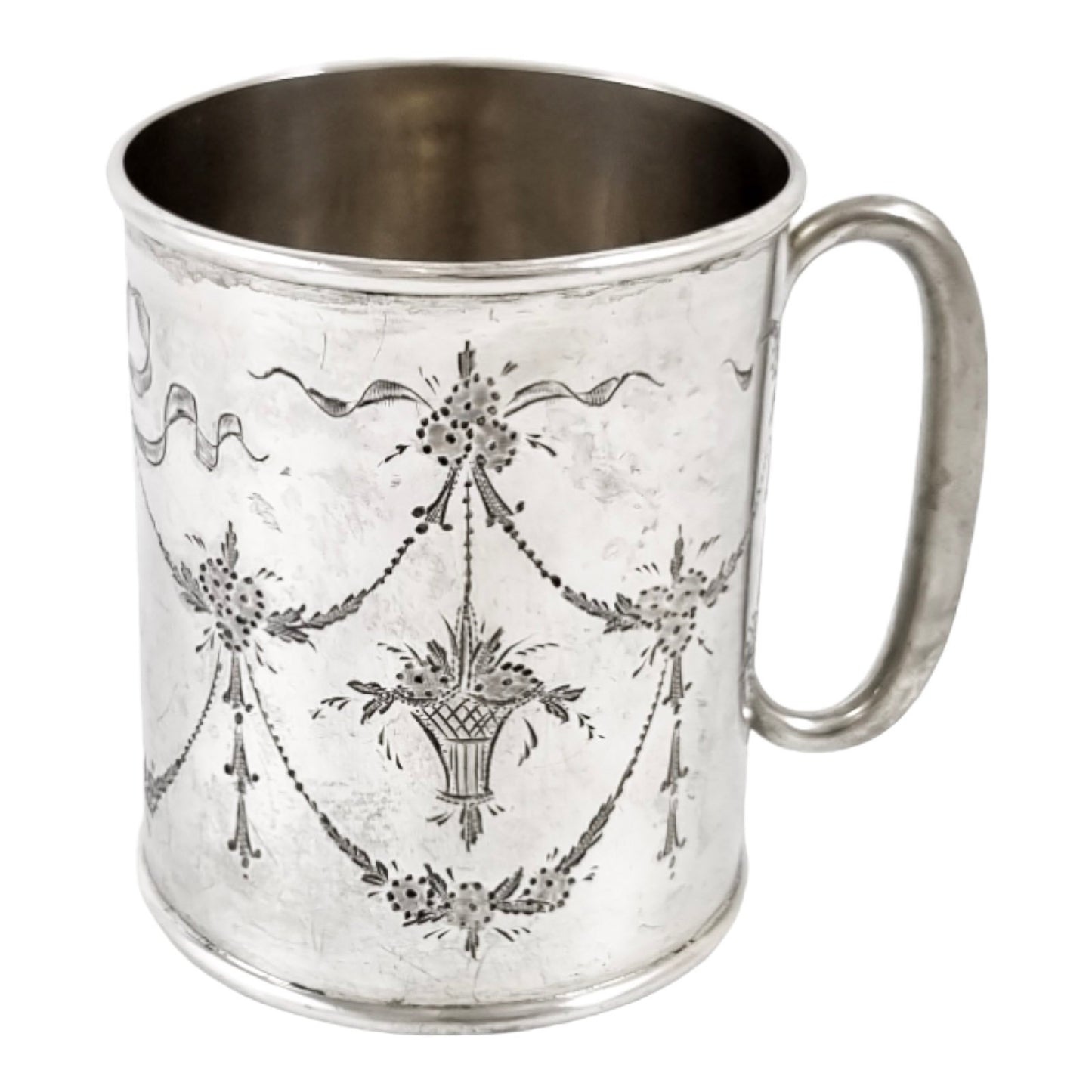 1920's sterling silver Christening children’s cup / mug engraved with flowers, garlands, bows in Art Nouveau style