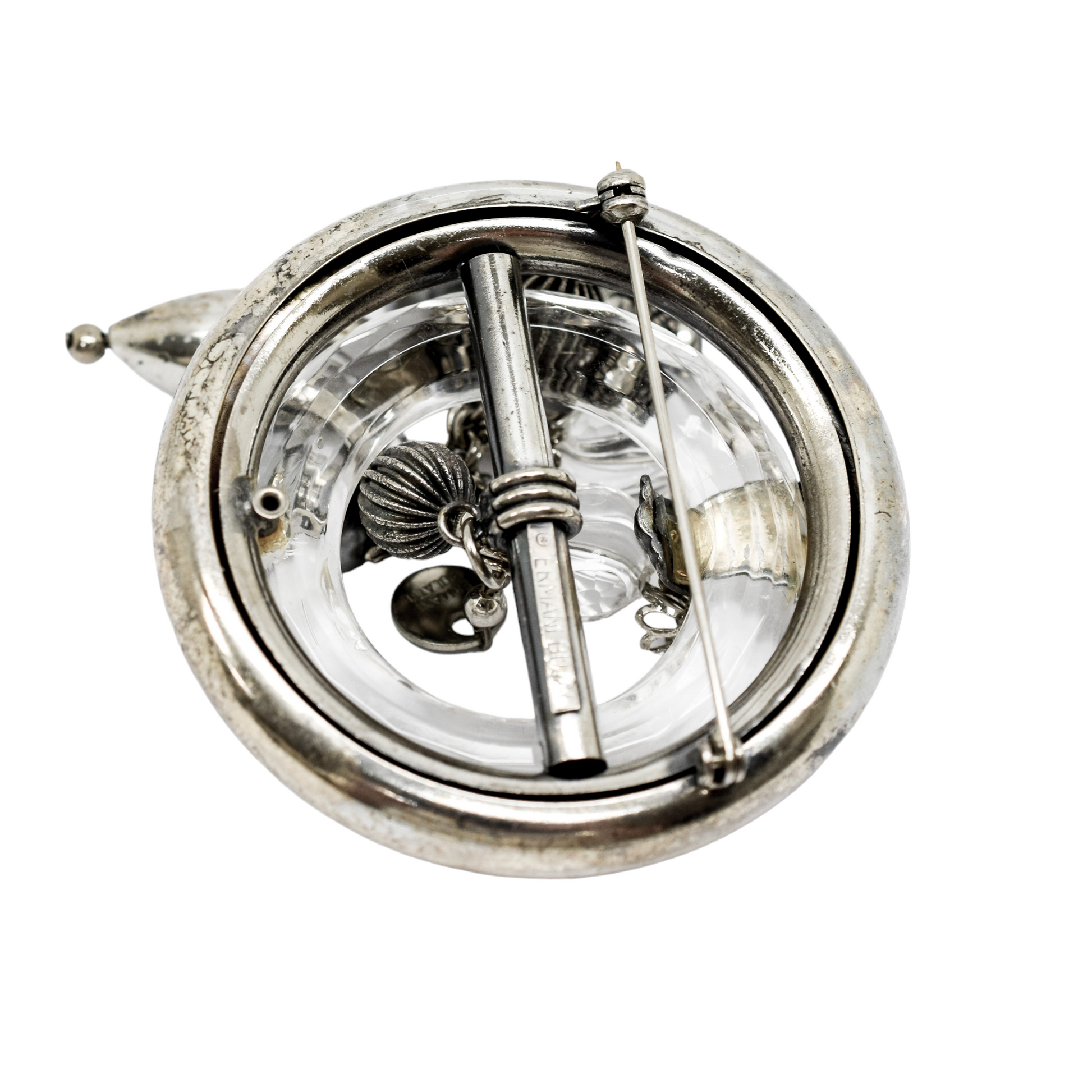 Vintage Ermani Bulatti silver tone large round dangling statement brooch