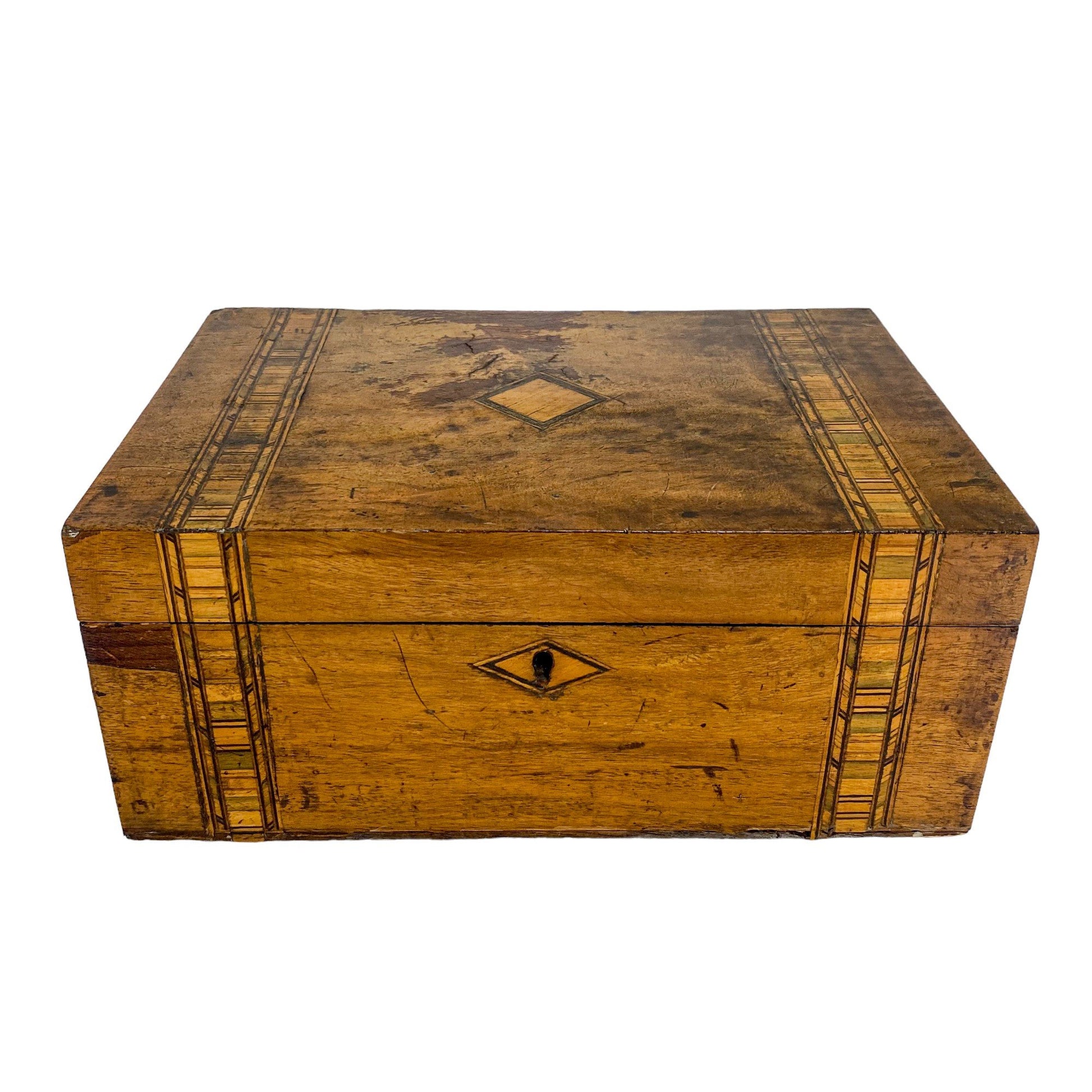 Victorian Tunbridge Ware workbox with lift out lid; inlaid with two vertical geometric bands