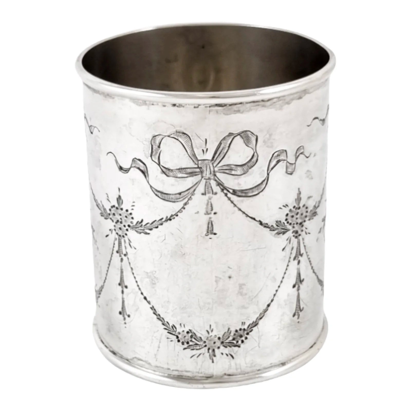 1920's sterling silver Christening children’s cup / mug engraved with flowers, garlands, bows in Art Nouveau style