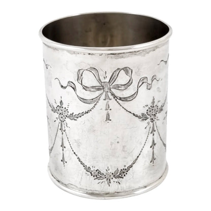 1920's sterling silver Christening children’s cup / mug engraved with flowers, garlands, bows in Art Nouveau style