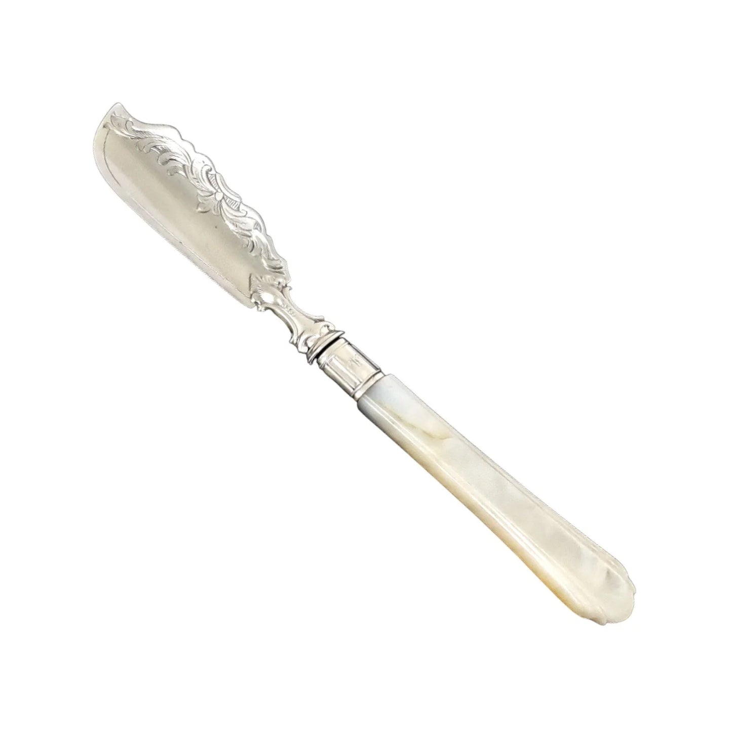 Victorian sterling silver master butter knife with mother-of-pearl handle
