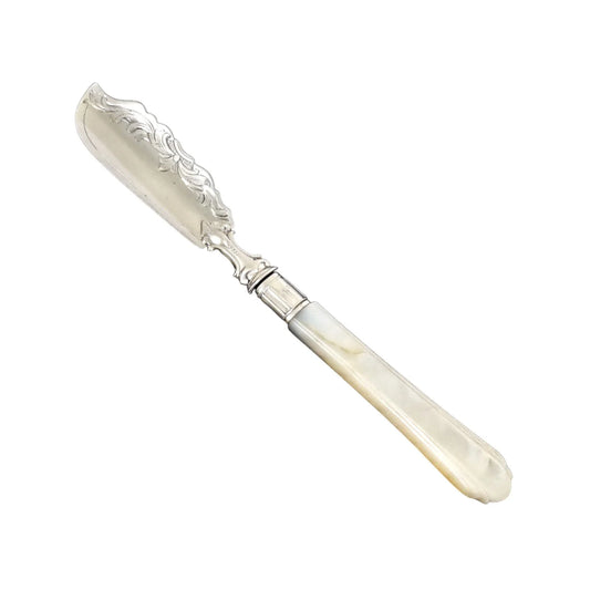 Victorian sterling silver master butter knife with mother-of-pearl handle