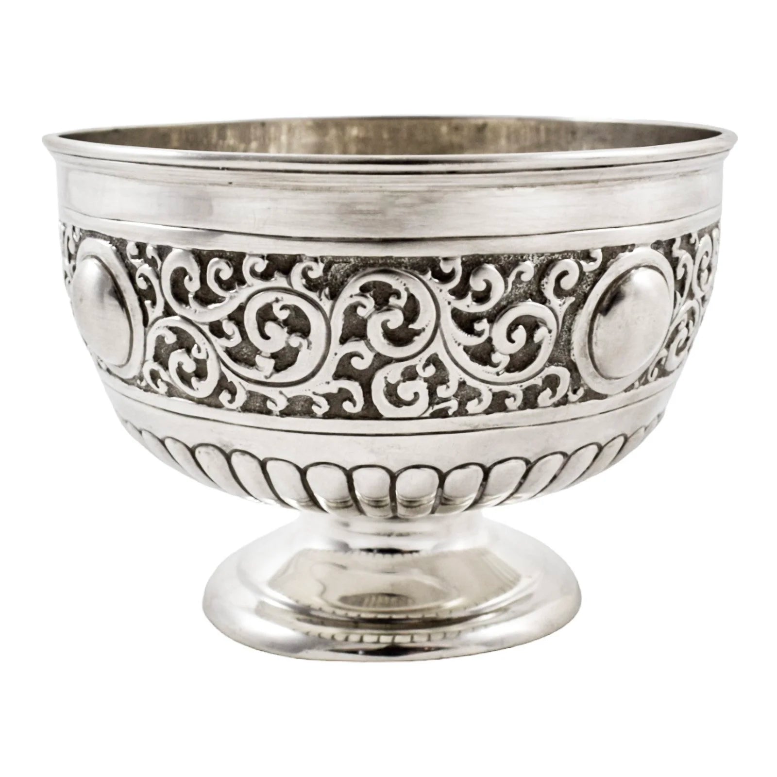 Victorian large sterling silver sugar /candy bowl embossed with scrolls, Walker & Hall