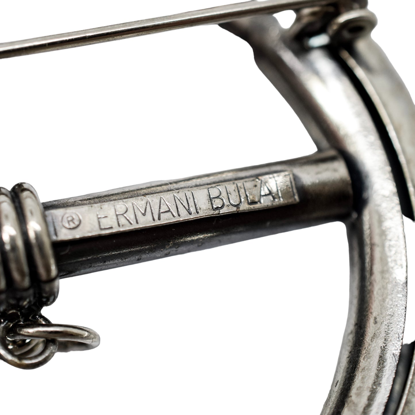 Vintage Ermani Bulatti silver tone large round dangling statement brooch