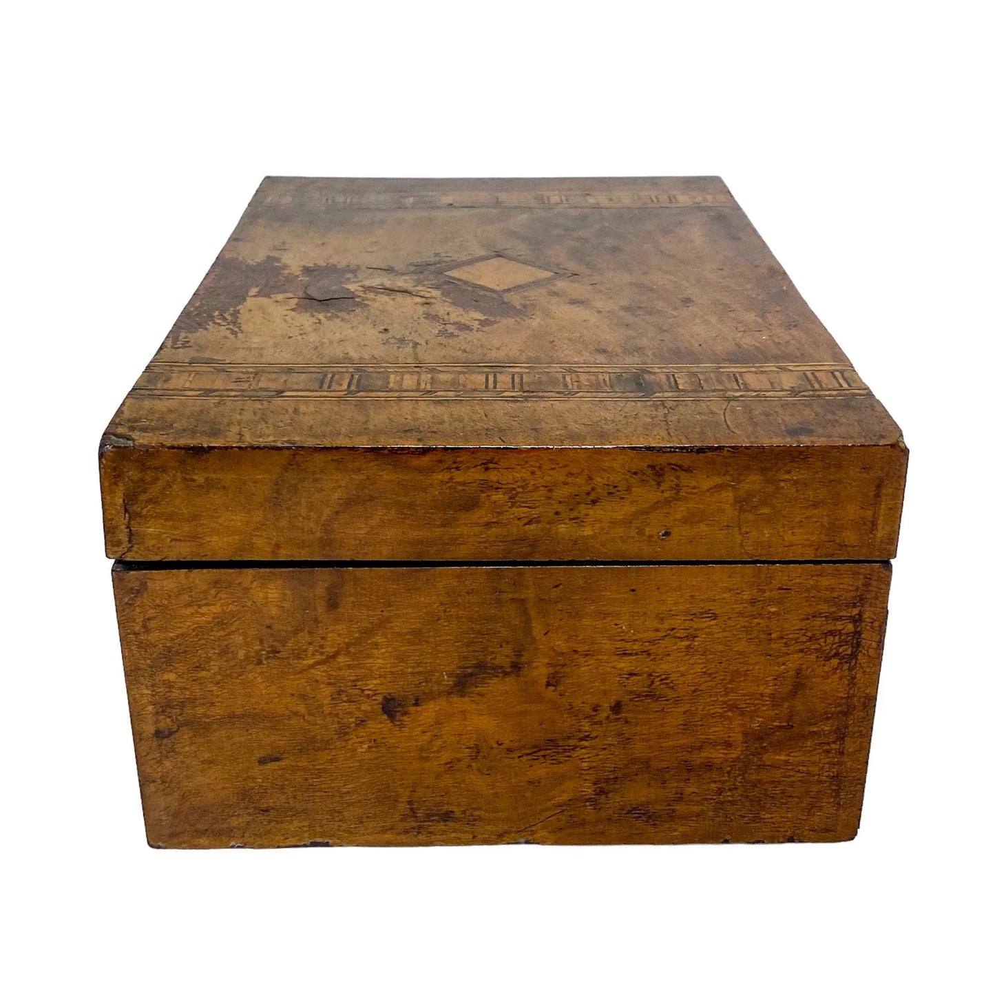 Victorian Tunbridge Ware workbox with lift out lid; inlaid with two vertical geometric bands