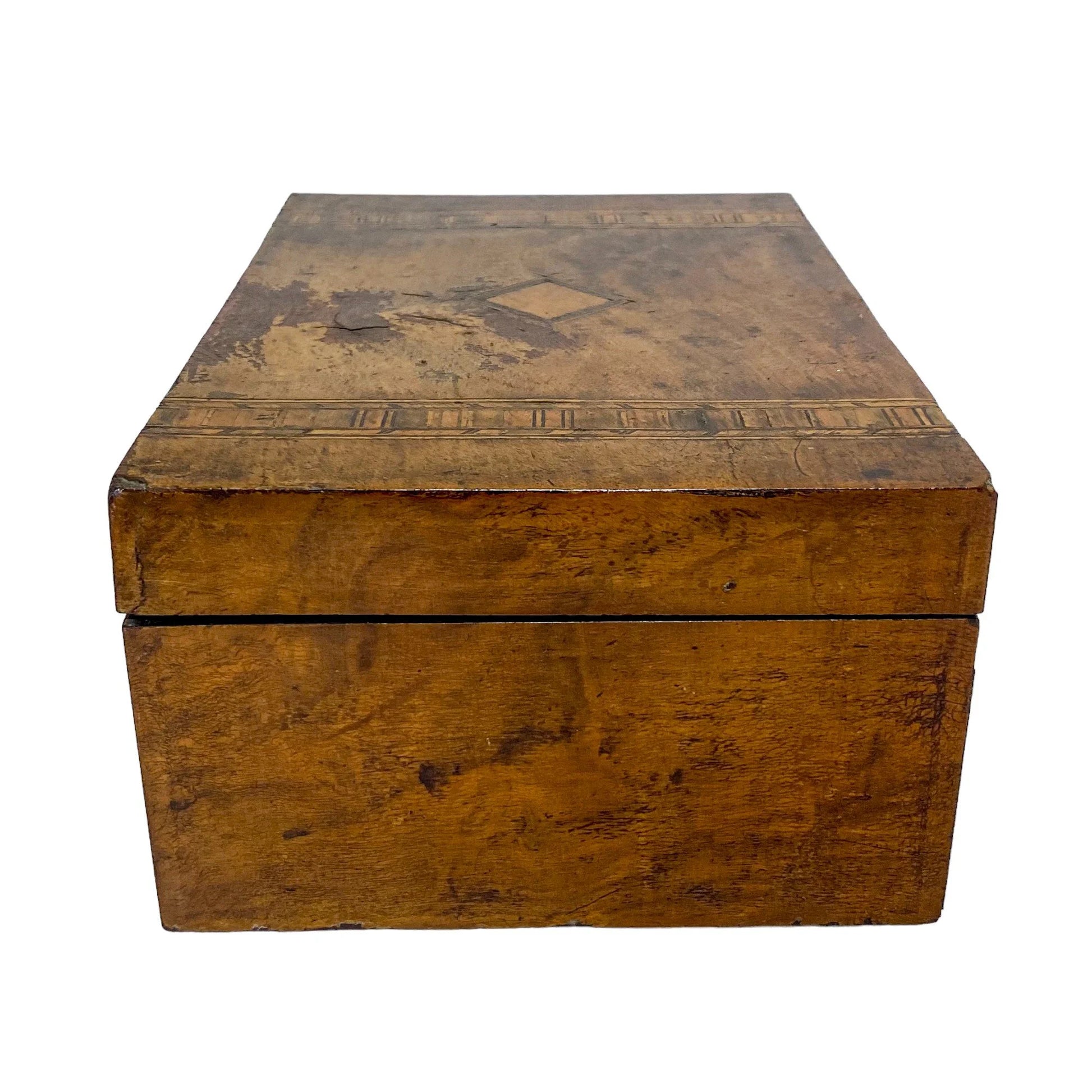 Victorian Tunbridge Ware workbox with lift out lid; inlaid with two vertical geometric bands