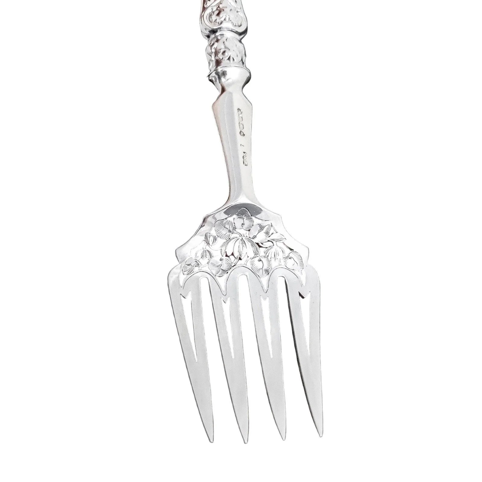 Cased Victorian sterling silver fish serving set with putto, lilies and dolphins, 1858