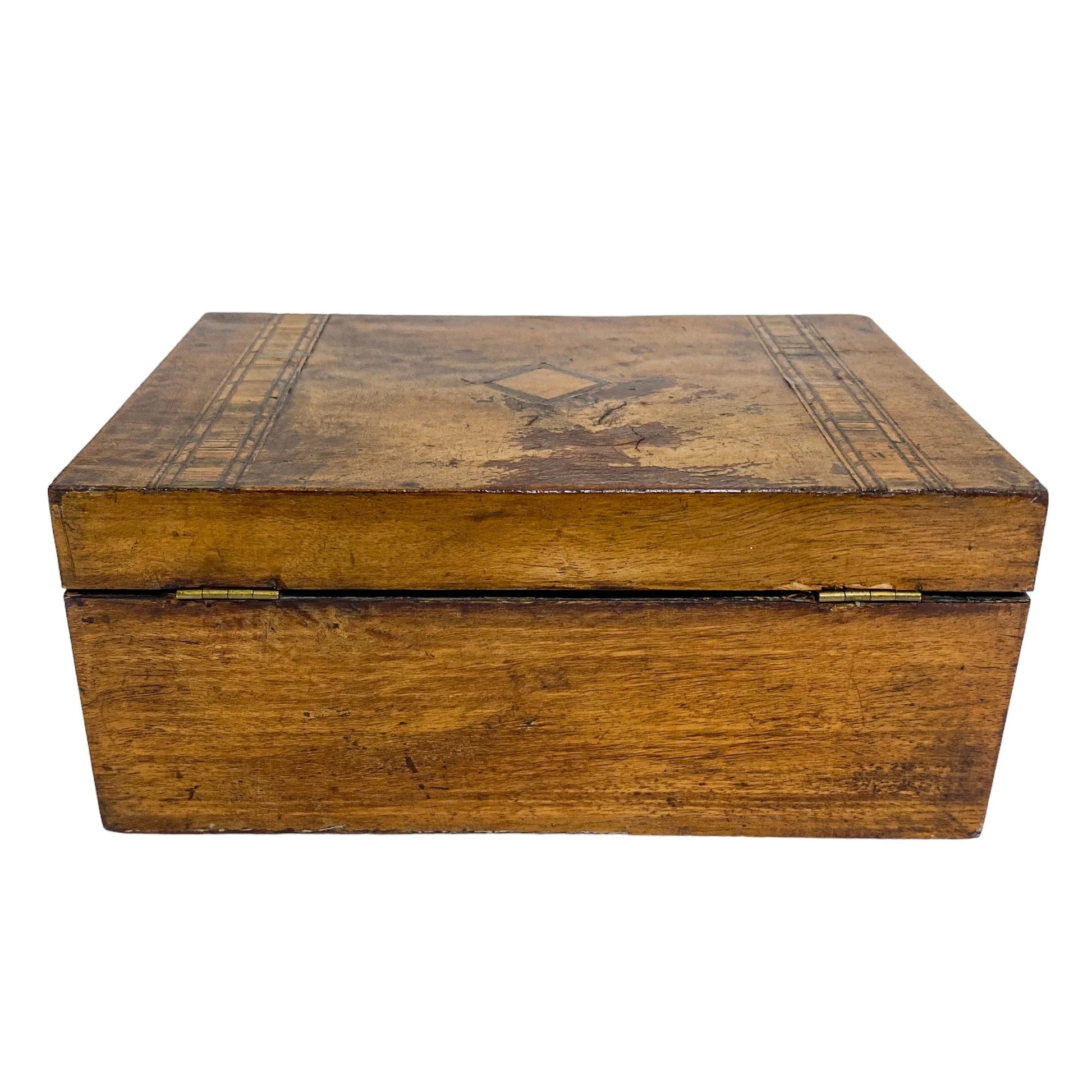 Victorian Tunbridge Ware workbox with lift out lid; inlaid with two vertical geometric bands