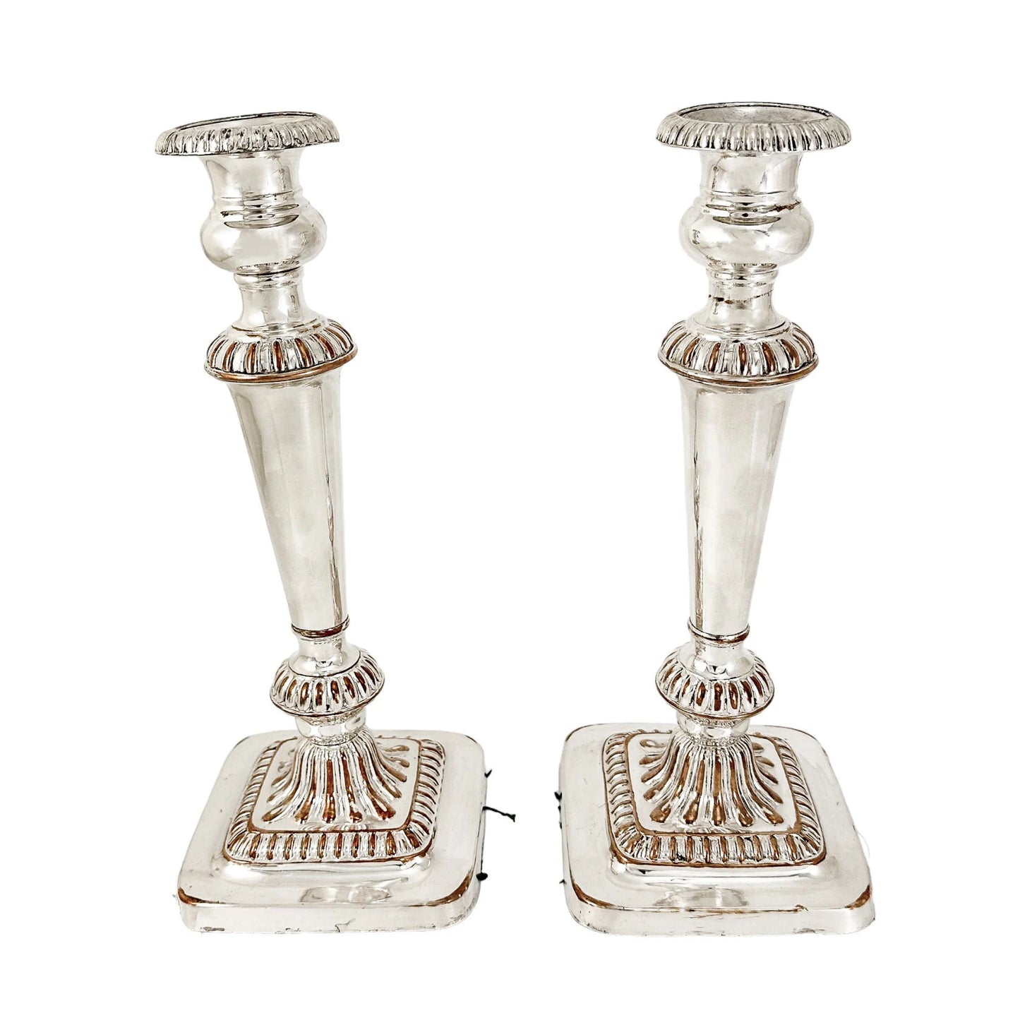 George III Old Sheffield plate pair of large candlesticks on square bases
