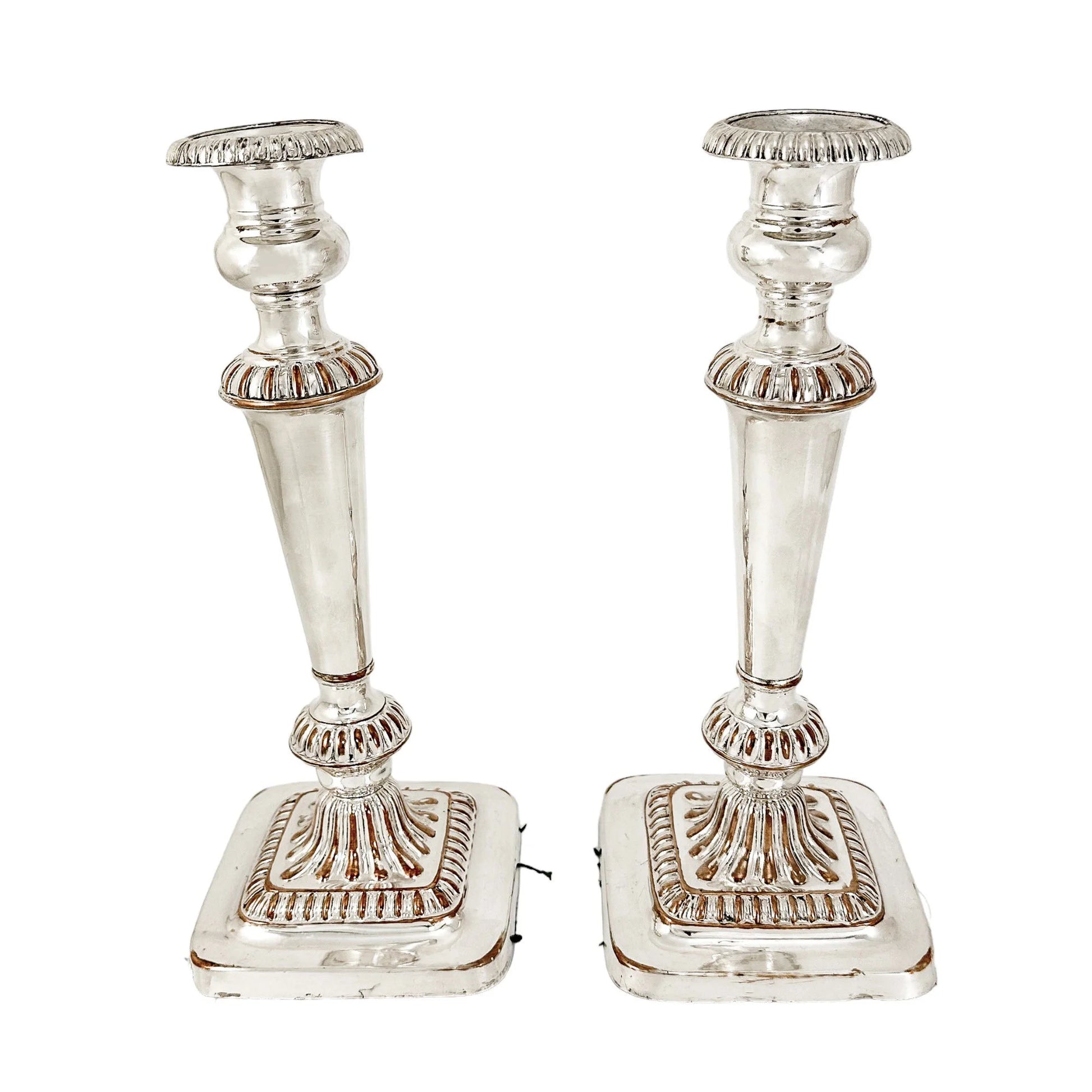 George III Old Sheffield plate pair of large candlesticks on square bases