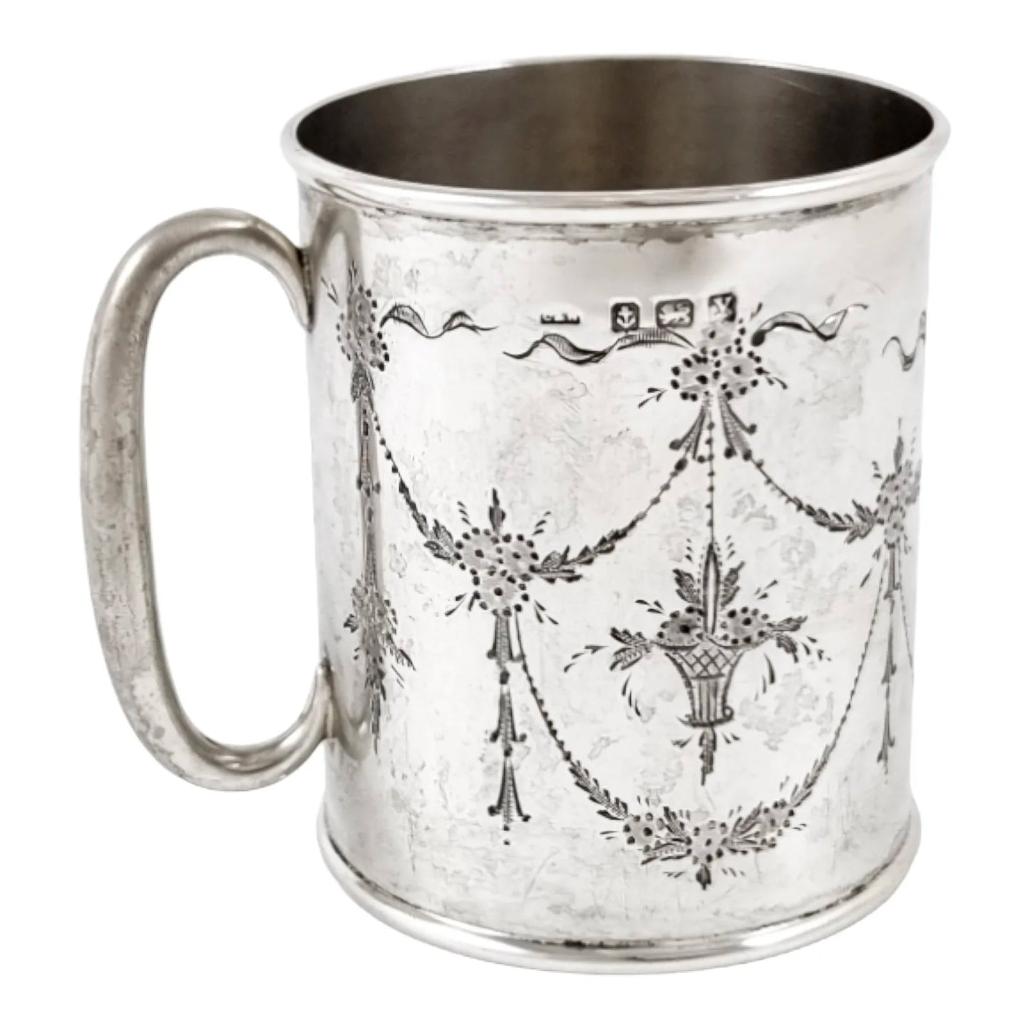 1920's sterling silver Christening children’s cup / mug engraved with flowers, garlands, bows in Art Nouveau style