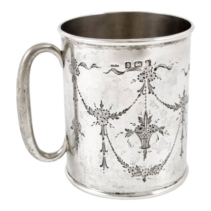 1920's sterling silver Christening children’s cup / mug engraved with flowers, garlands, bows in Art Nouveau style