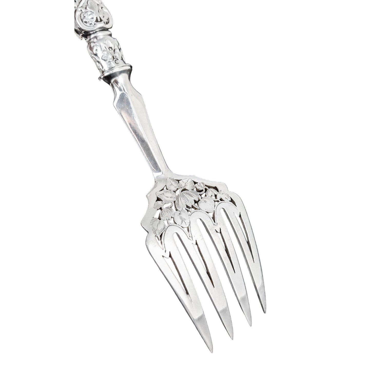 Cased Victorian sterling silver fish serving set with putto, lilies and dolphins, 1858
