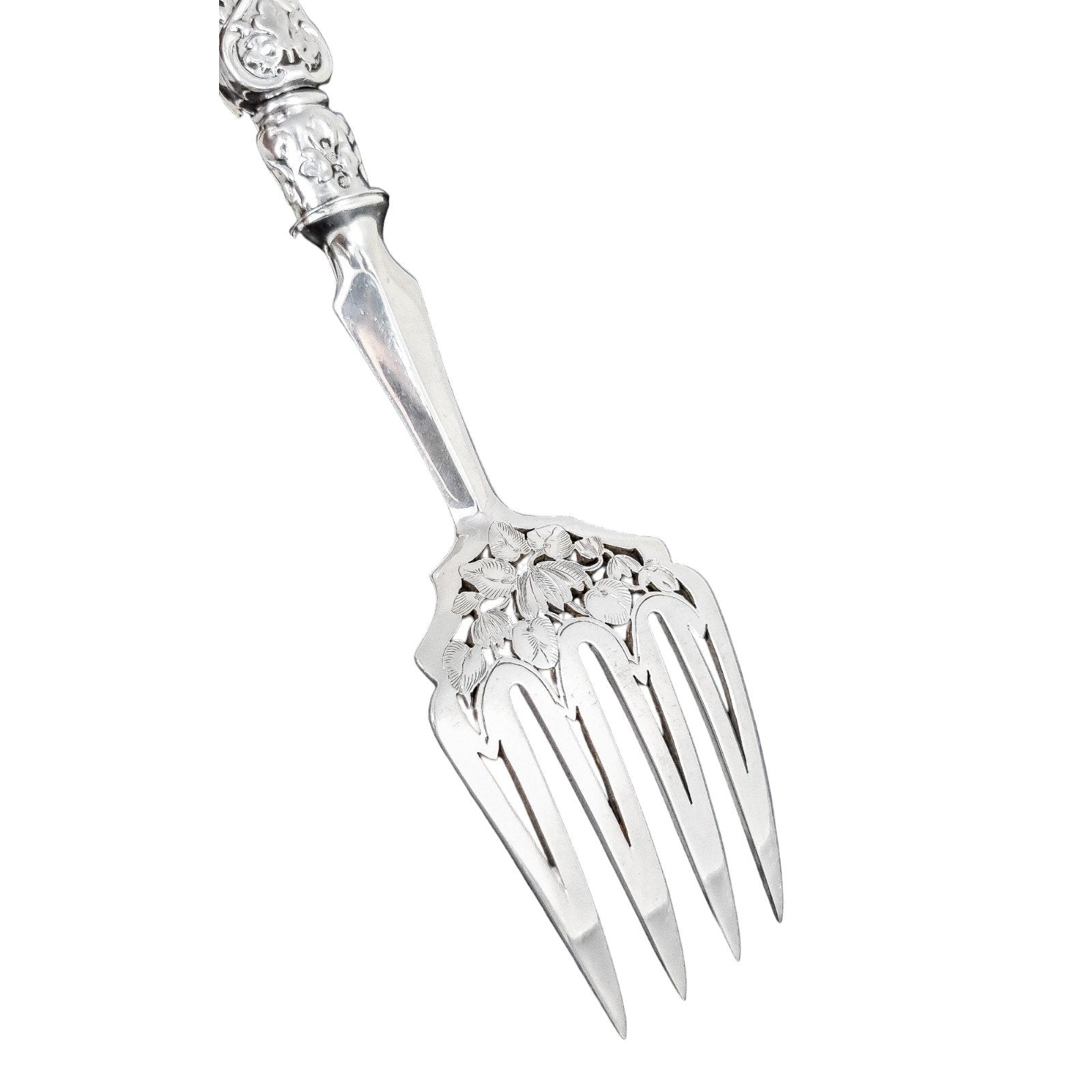 Cased Victorian sterling silver fish serving set with putto, lilies and dolphins, 1858