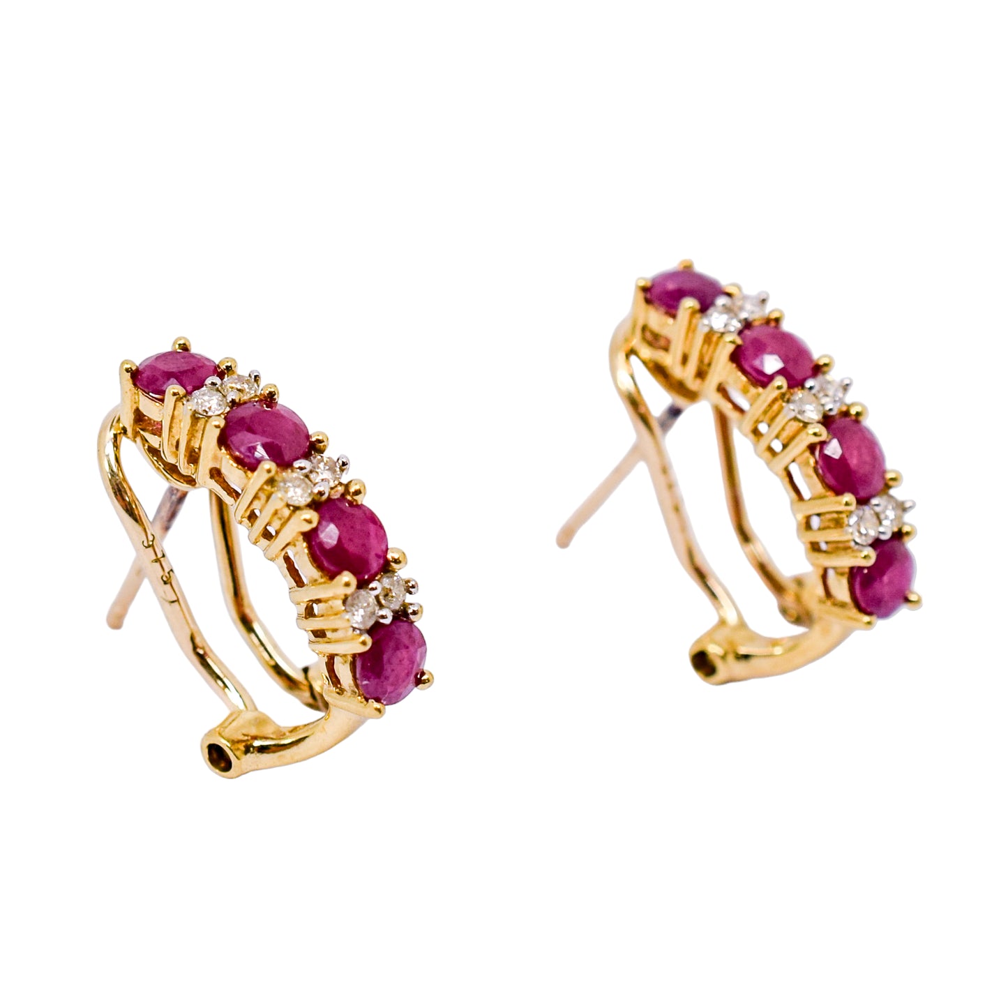 Retro 1980's 9ct yellow gold ruby and brilliant cut diamonds huggie stud earrings