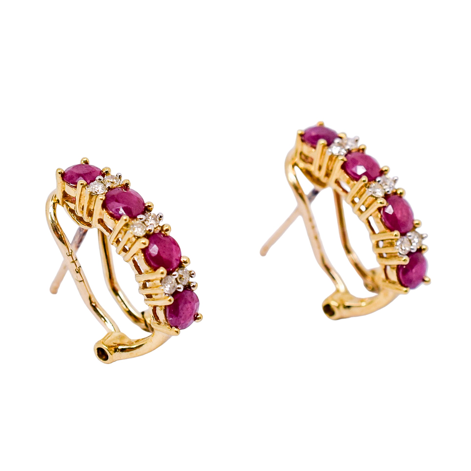 Retro 1980's 9ct yellow gold ruby and brilliant cut diamonds huggie stud earrings