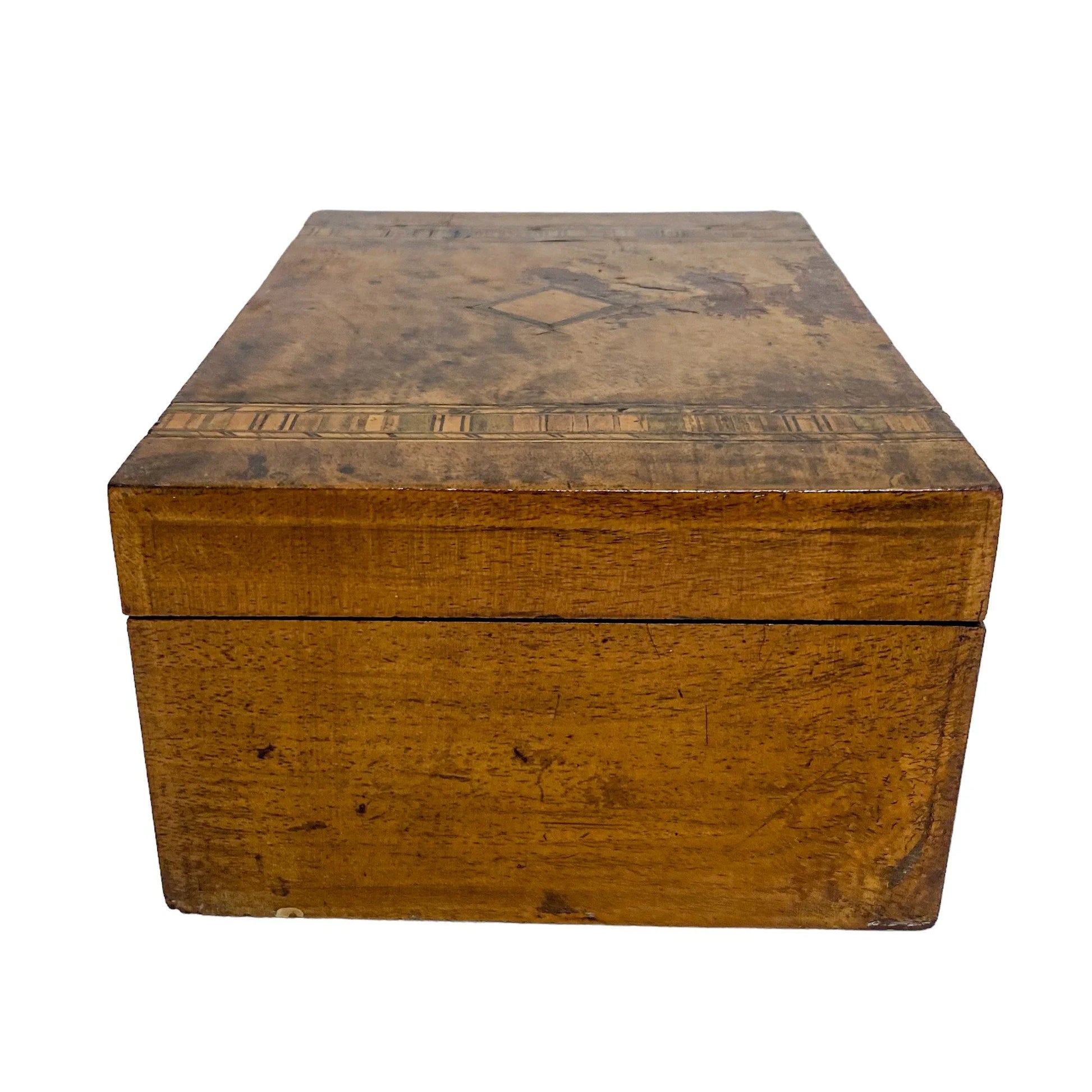 Victorian Tunbridge Ware workbox with lift out lid; inlaid with two vertical geometric bands