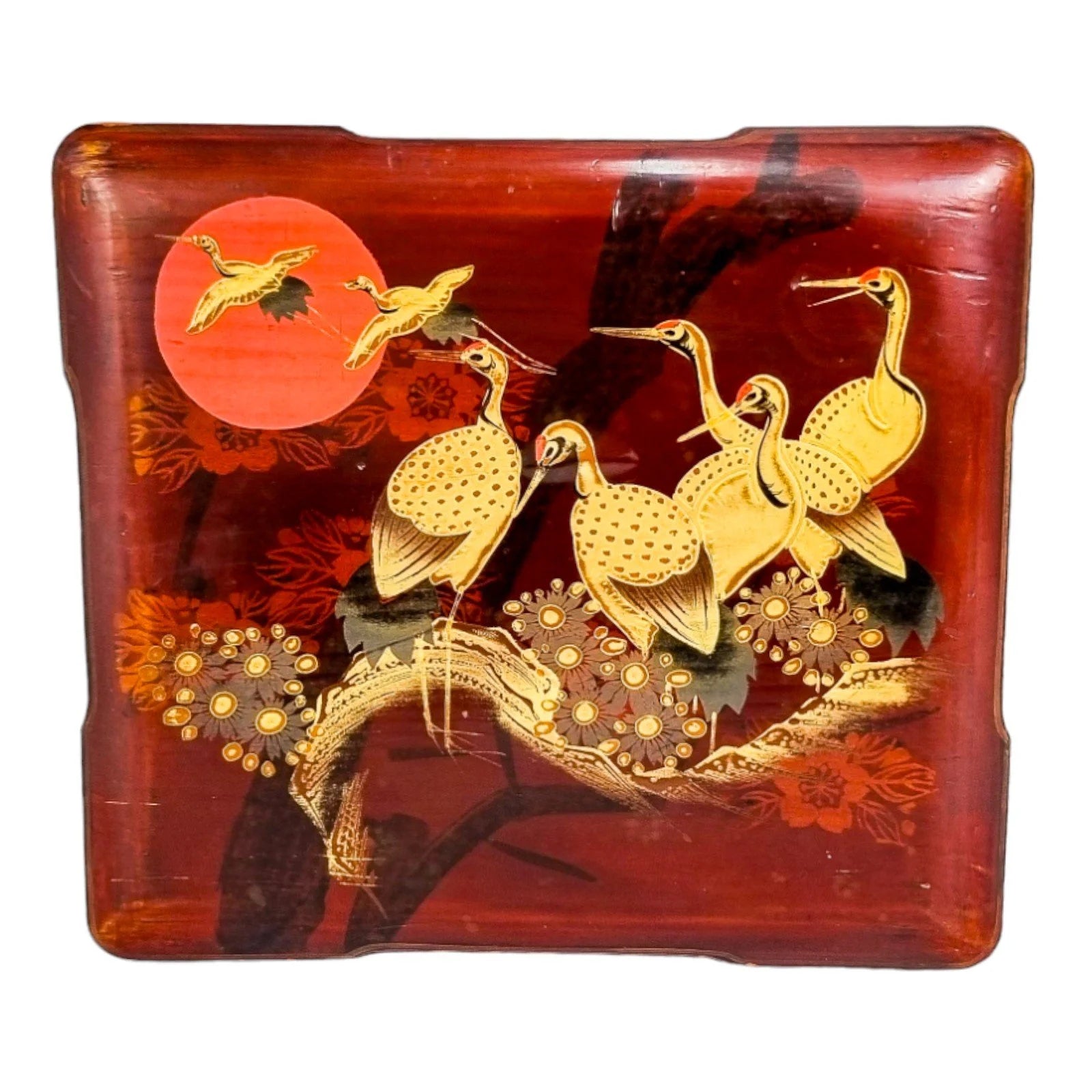 Meiji era Japanese large red lacquerware box maki-e gilded with cranes / storks