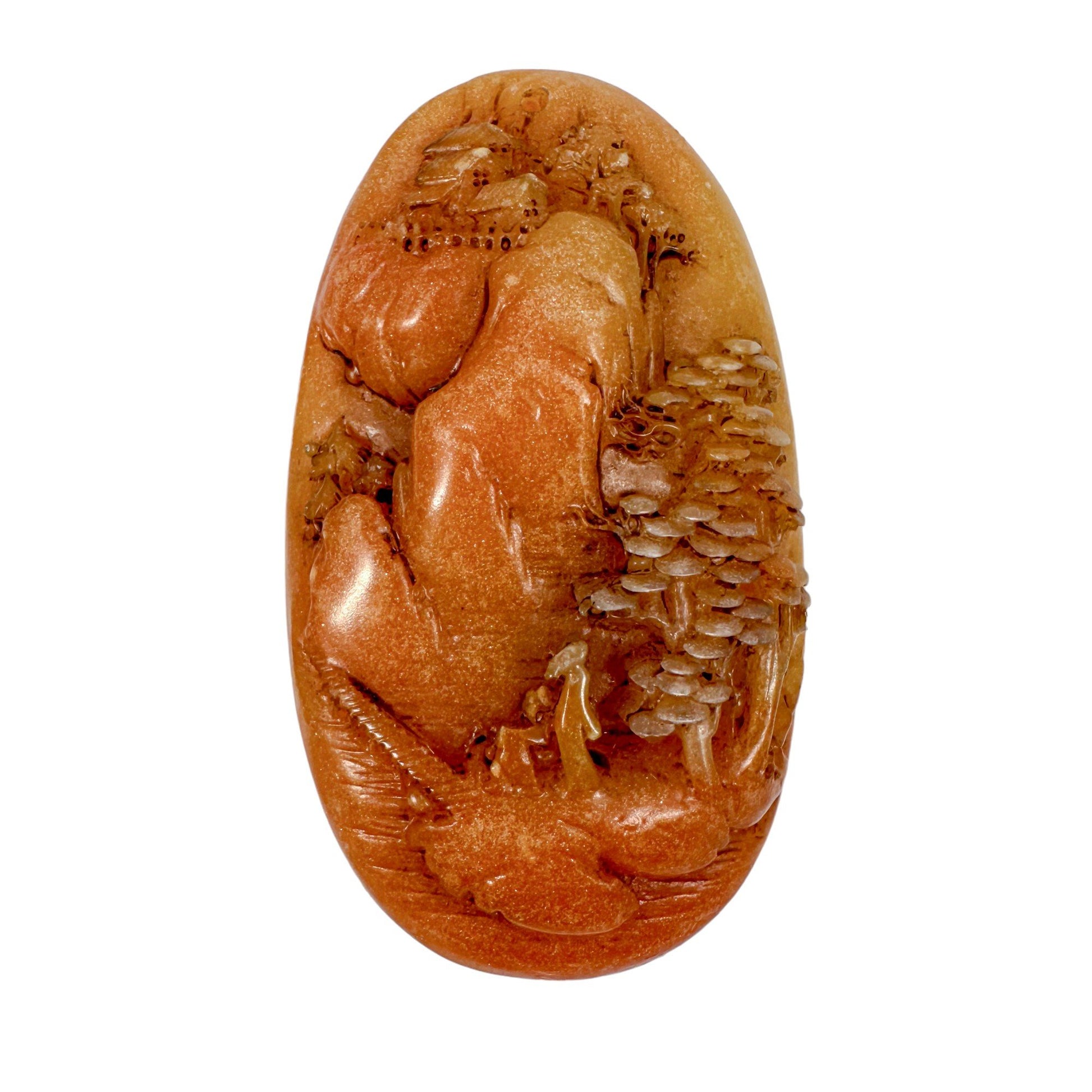 Qing Dynasty hand carved Chinese yellow Shoushan Stone boulder / paperweight