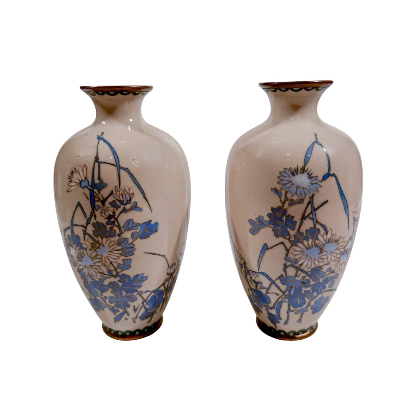 Pair of Meiji era Japanese cloisonné vases, blue chrysanthemum on grey