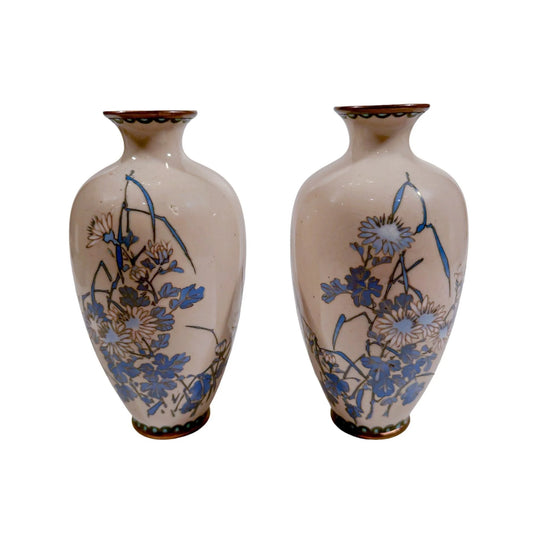 Pair of Meiji era Japanese cloisonné vases, blue chrysanthemum on grey