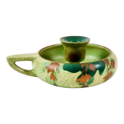 Studio Pottery green chamberstick and 2 matching candlesticks decorated with autumn oak leaves