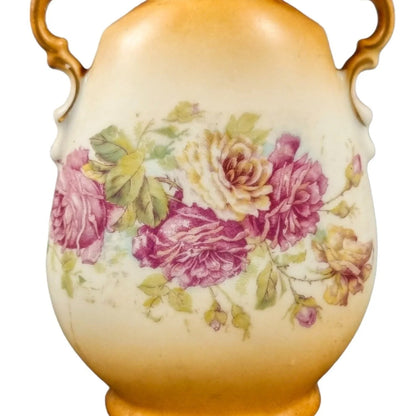Art Nouveau Bohemian two-handled single-flower porcelain vase decorated with roses