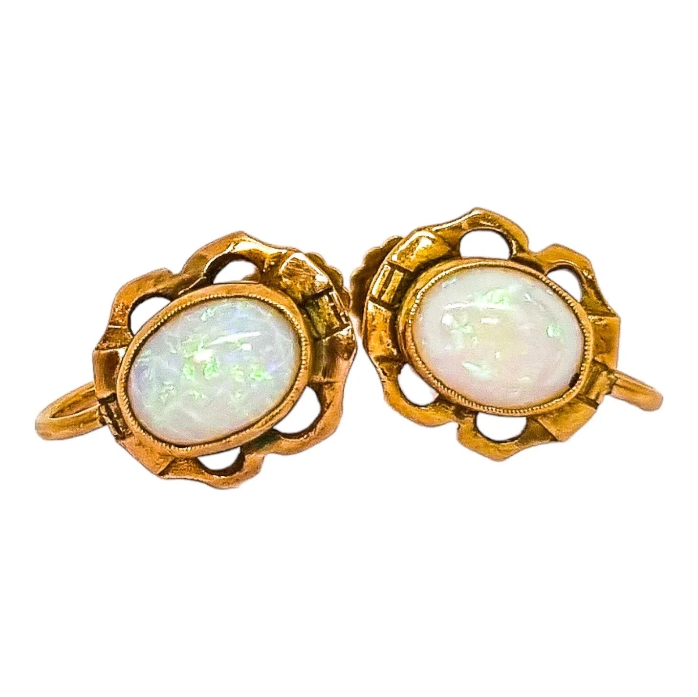 Antique 9ct yellow gold pinfire opal screw-back earrings
