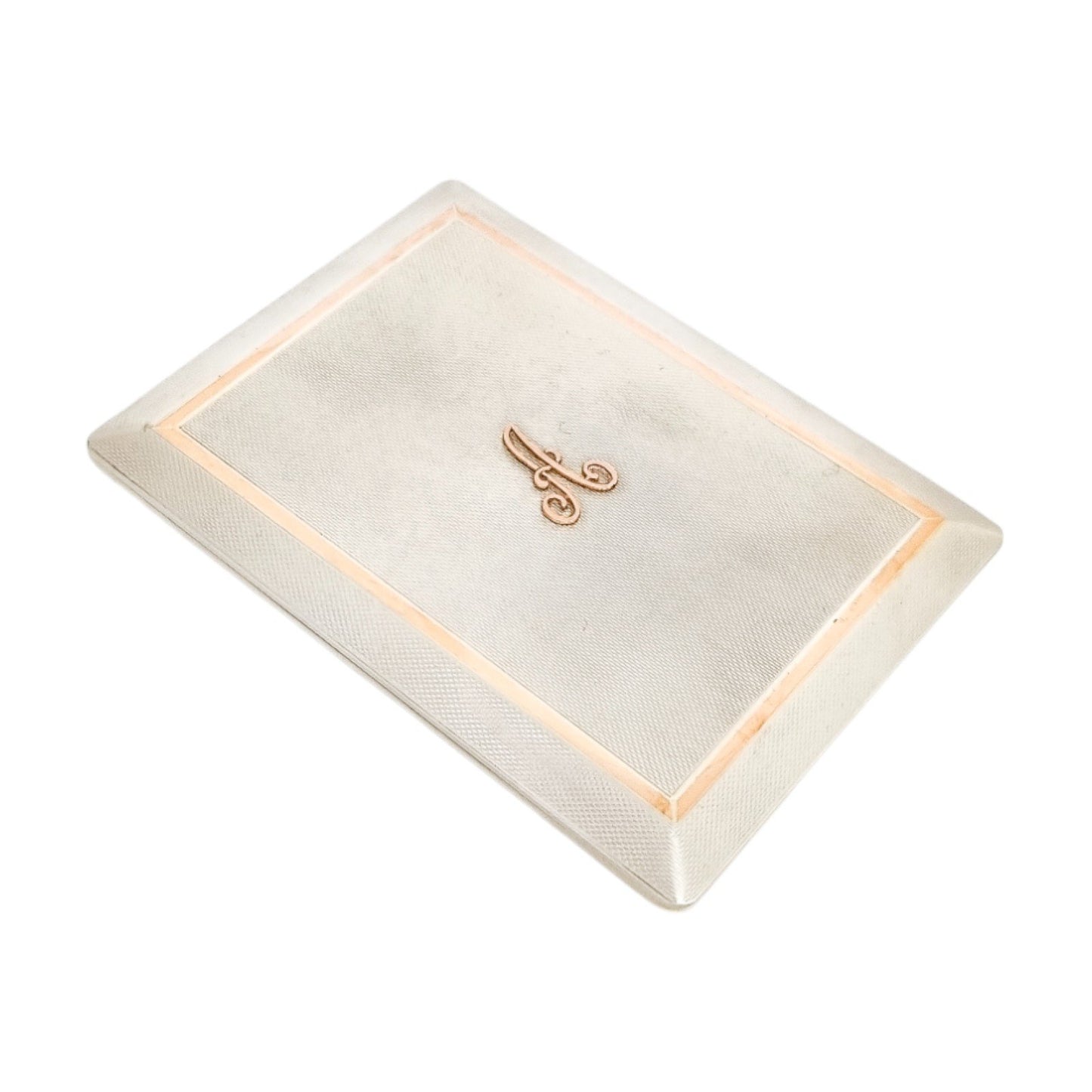 Silver matching cigarette case and powder compact with 9ct rose gold bands and letter "A"