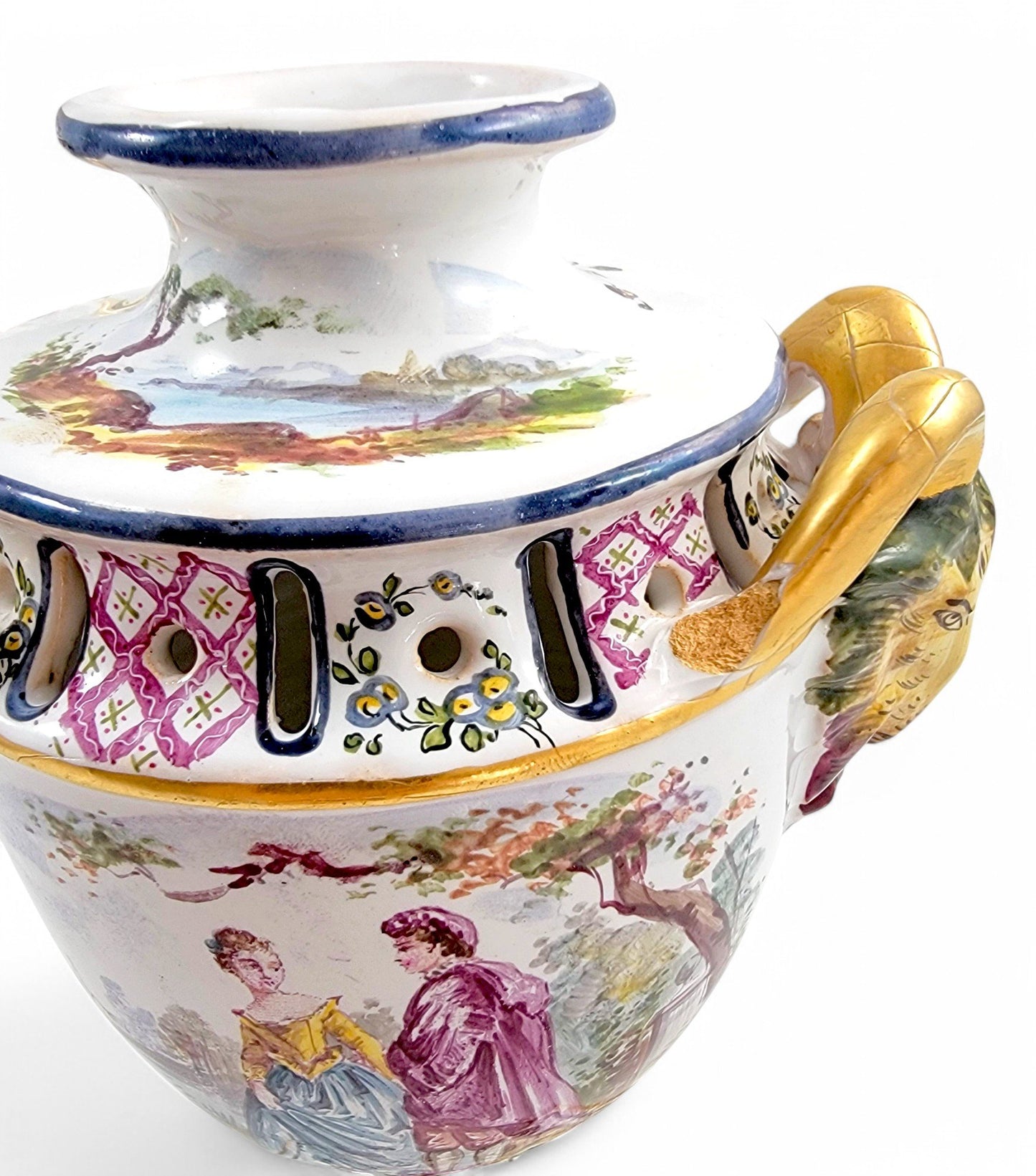 Rare 18th century French faience urns by Veuve Perrin with hand-painted pastoral scenes in Rococo style