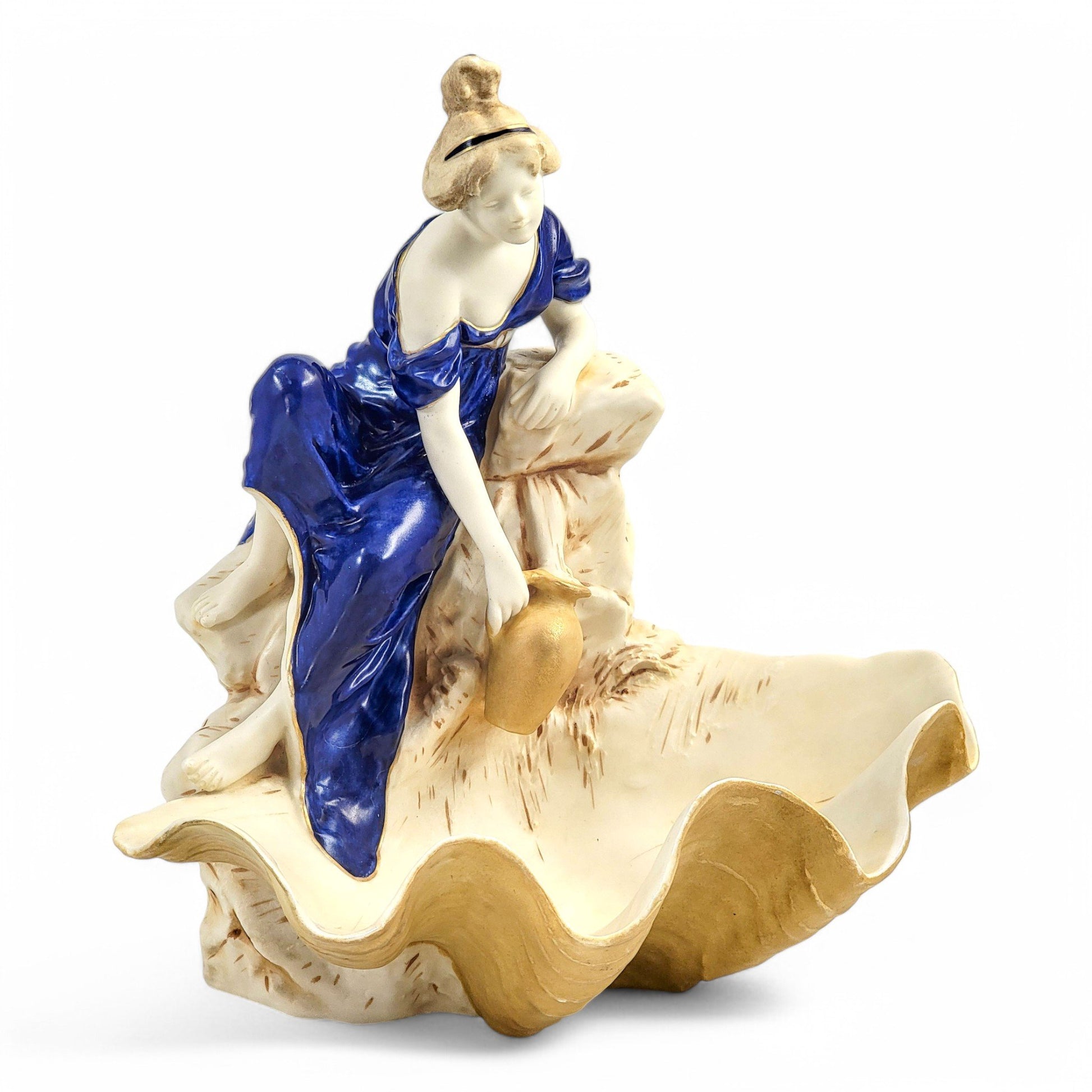 Royal Dux Bohemia Art Nouveau porcelain centrepiece with water bearer and giant clam shell, Czechoslovakia, circa 1920s
